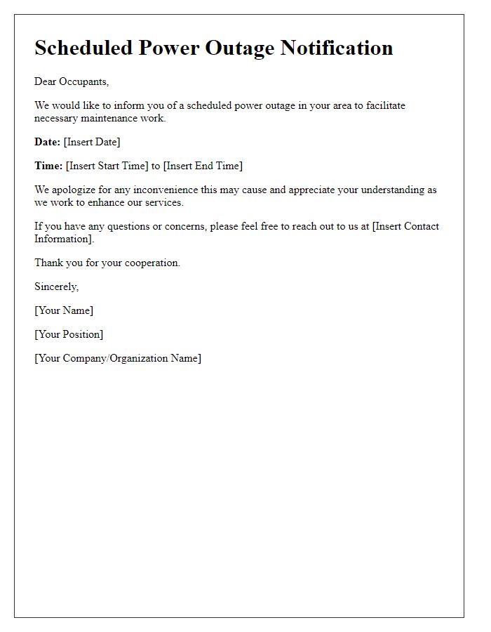 Letter template of scheduled power outage notification for occupants