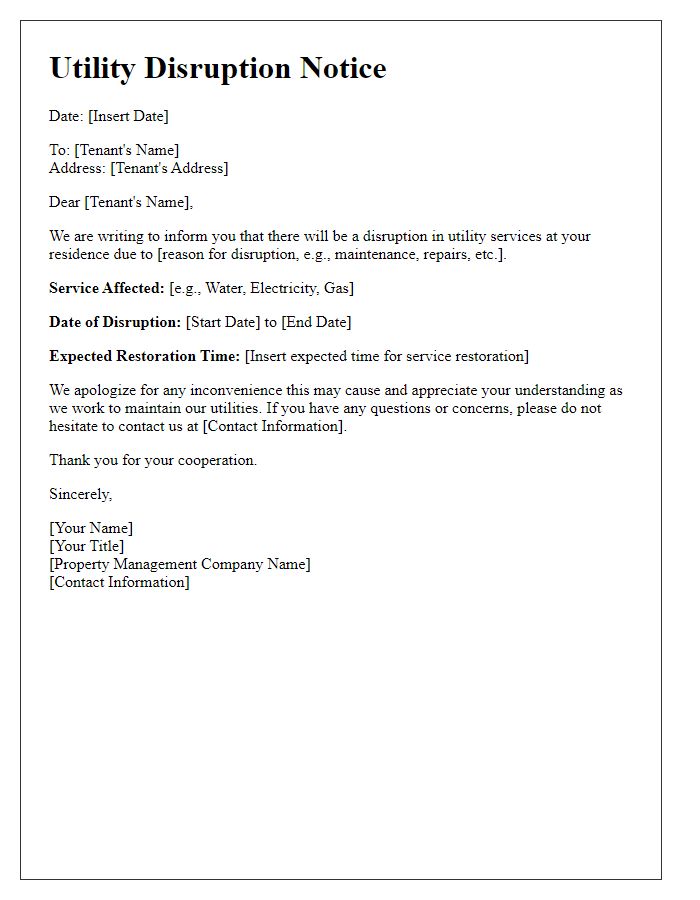 Letter template of utility disruption notice for tenants