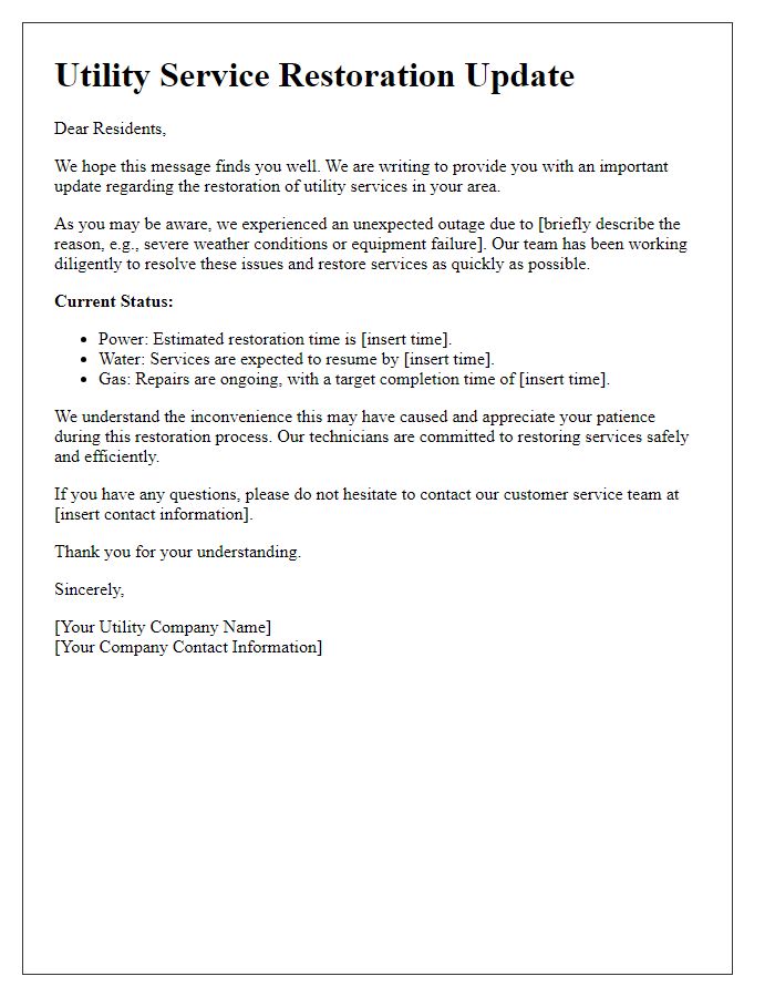 Letter template of utility service restoration updates for residents