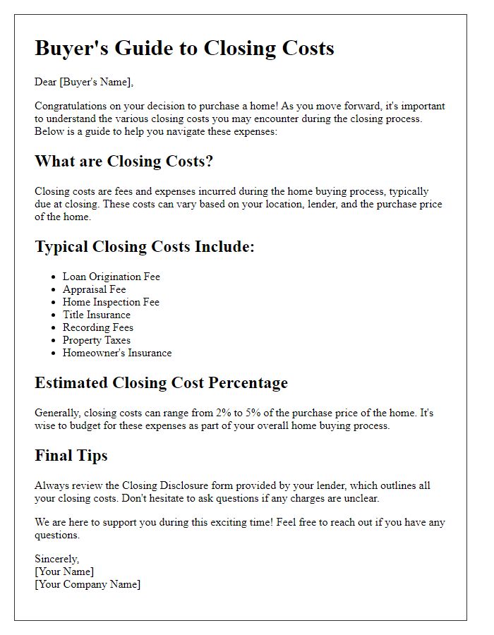 Letter template of buyer's guide to closing costs