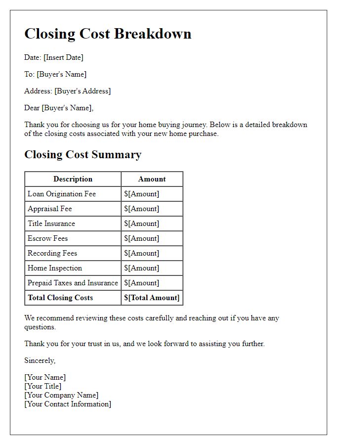 Letter template of closing cost breakdown for home buyers