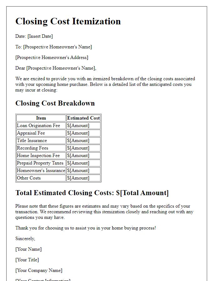 Letter template of closing cost itemization for prospective homeowners