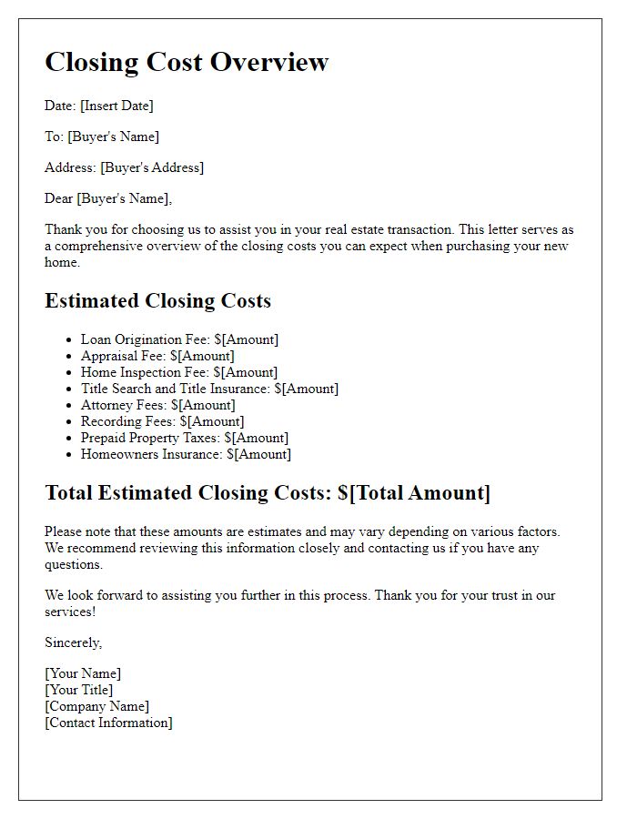 Letter template of closing cost overview for real estate buyers