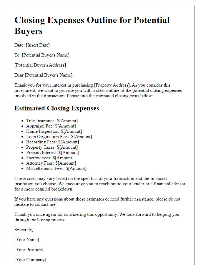 Letter template of closing expenses outline for potential buyers