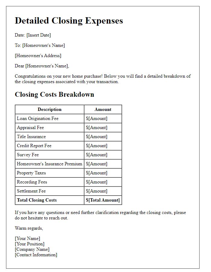 Letter template of detailed closing expenses for new homeowners