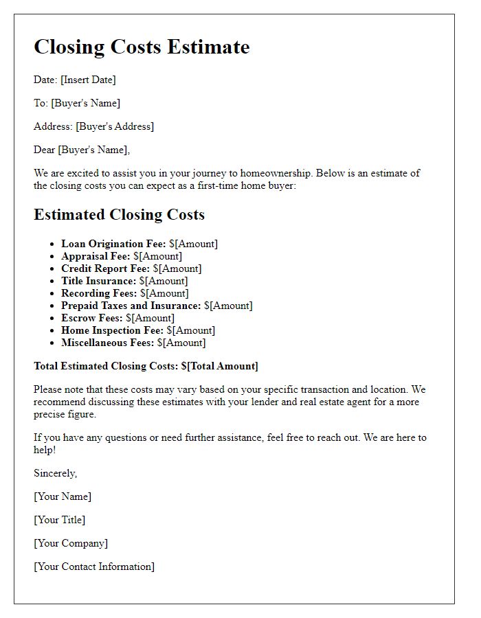 Letter template of expected closing costs for first-time buyers