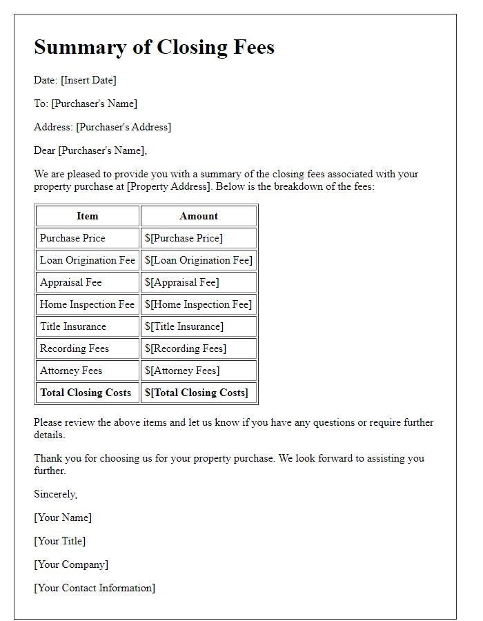 Letter template of summary of closing fees for property purchasers