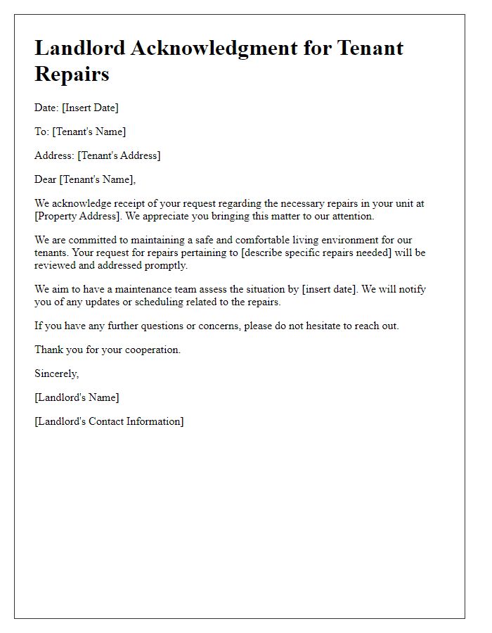 Letter template of landlord acknowledgment for tenant repairs