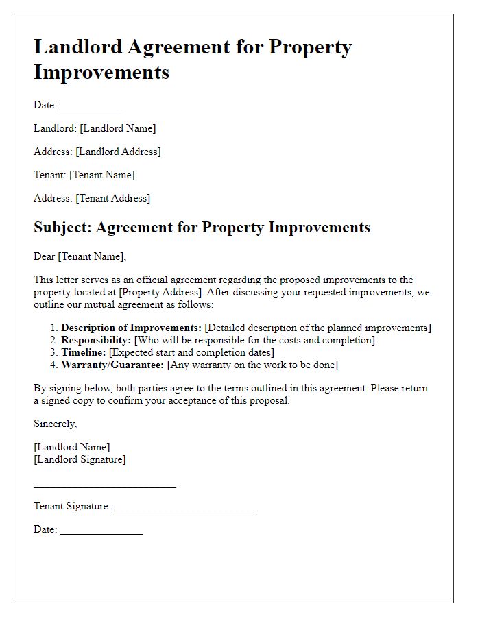 Letter template of landlord agreement for property improvements