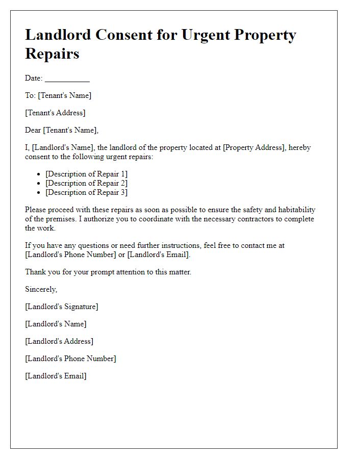 Letter template of landlord consent for urgent property repairs