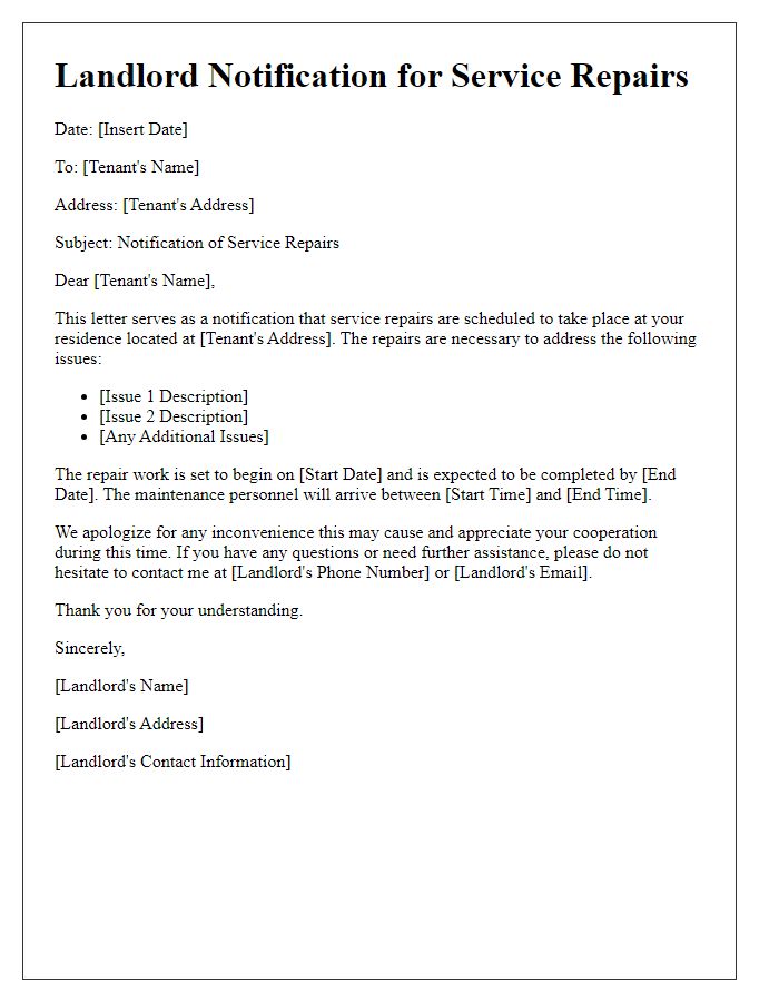 Letter template of landlord notification for service repairs