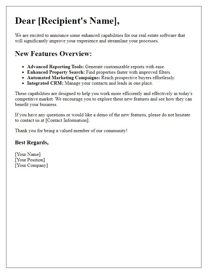 Letter template of enhanced real estate software capabilities notification