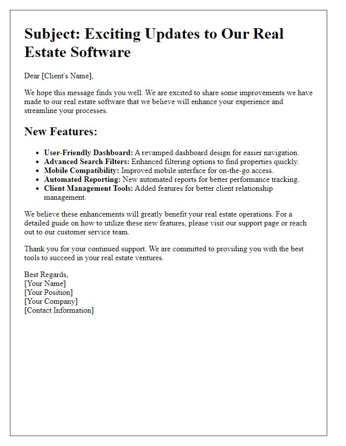 Letter template of improvements in real estate software features