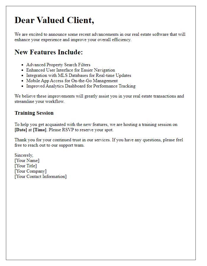 Letter template of notifications regarding real estate software advancements