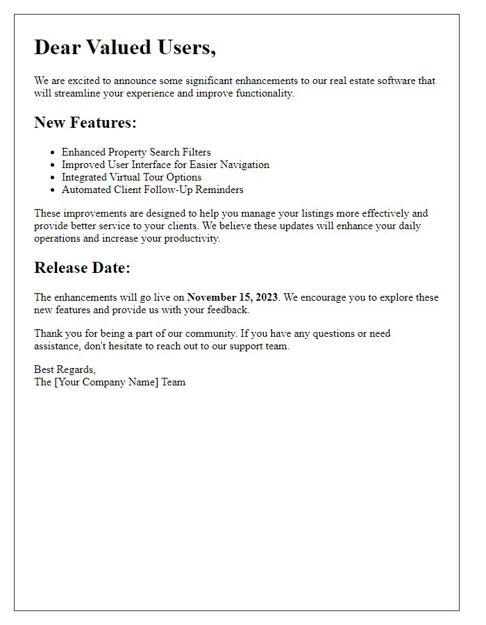 Letter template of real estate software enhancement announcement