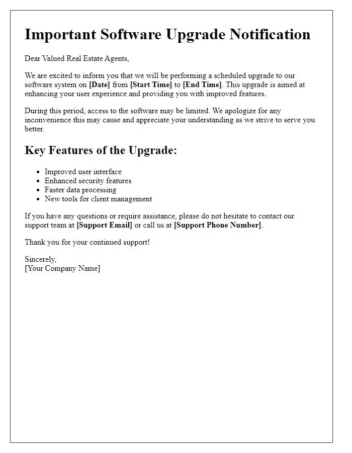 Letter template of software upgrade notification for real estate agents