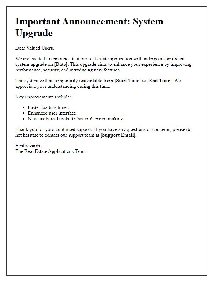 Letter template of system upgrade announcement for real estate applications