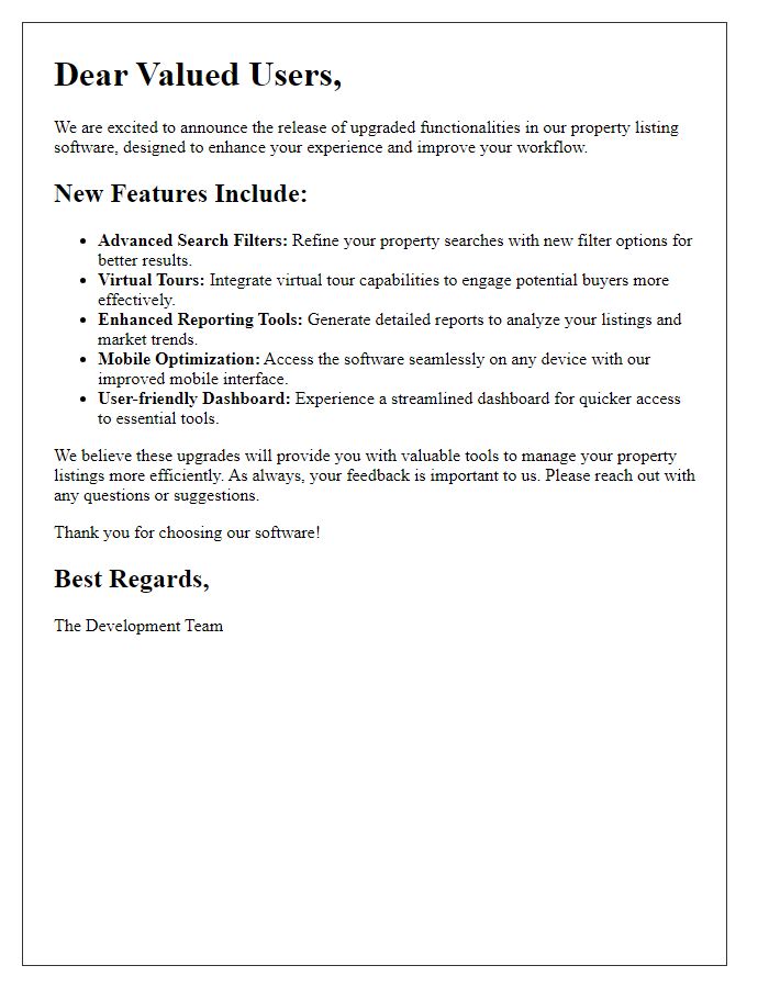 Letter template of upgraded functionalities in property listing software