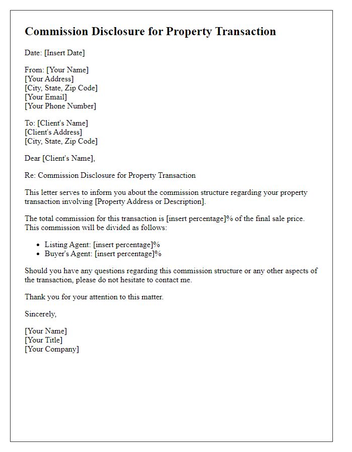 Letter template of commission disclosure for property transactions.