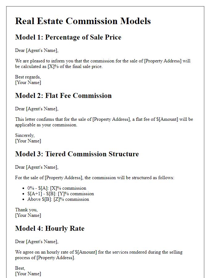 Letter template of different commission models in real estate.