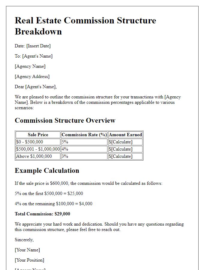 Letter template of real estate commission structure breakdown.