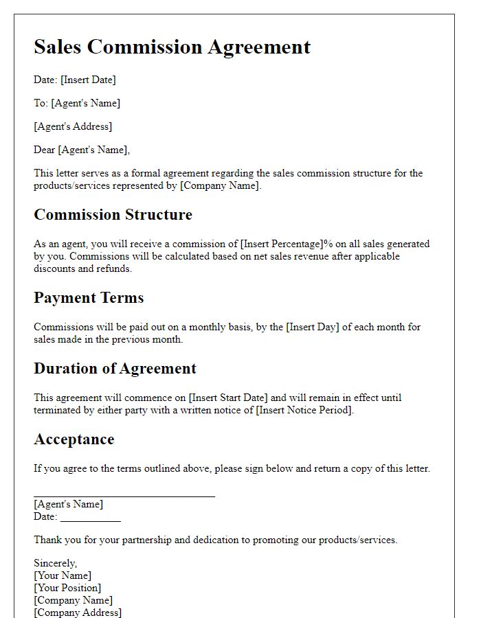 Letter template of sales commission agreements for agents.