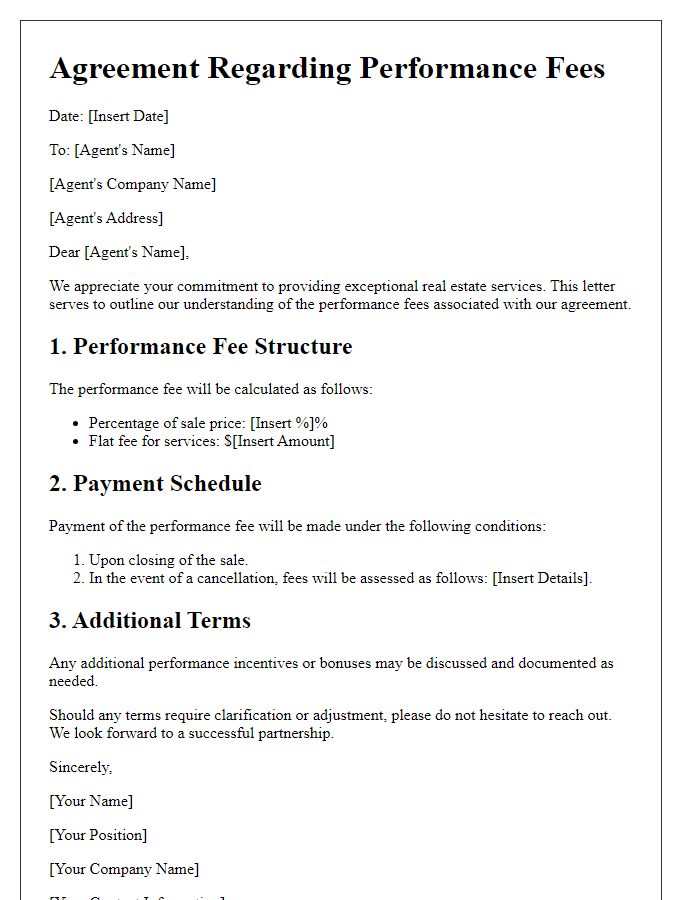 Letter template of understanding real estate agent performance fees.