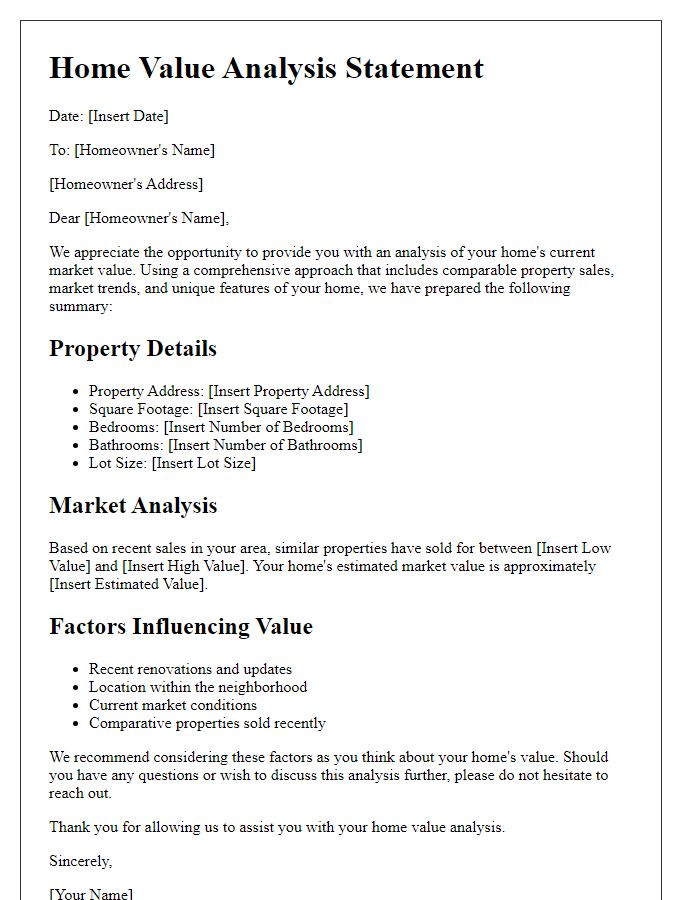 Letter template of home value analysis statement