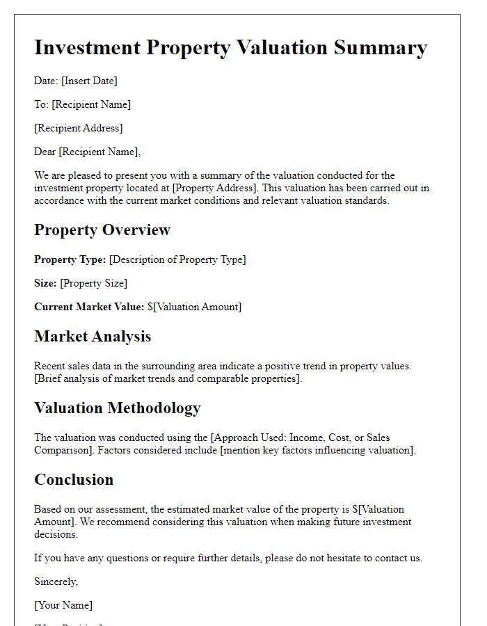 Letter template of investment property valuation summary