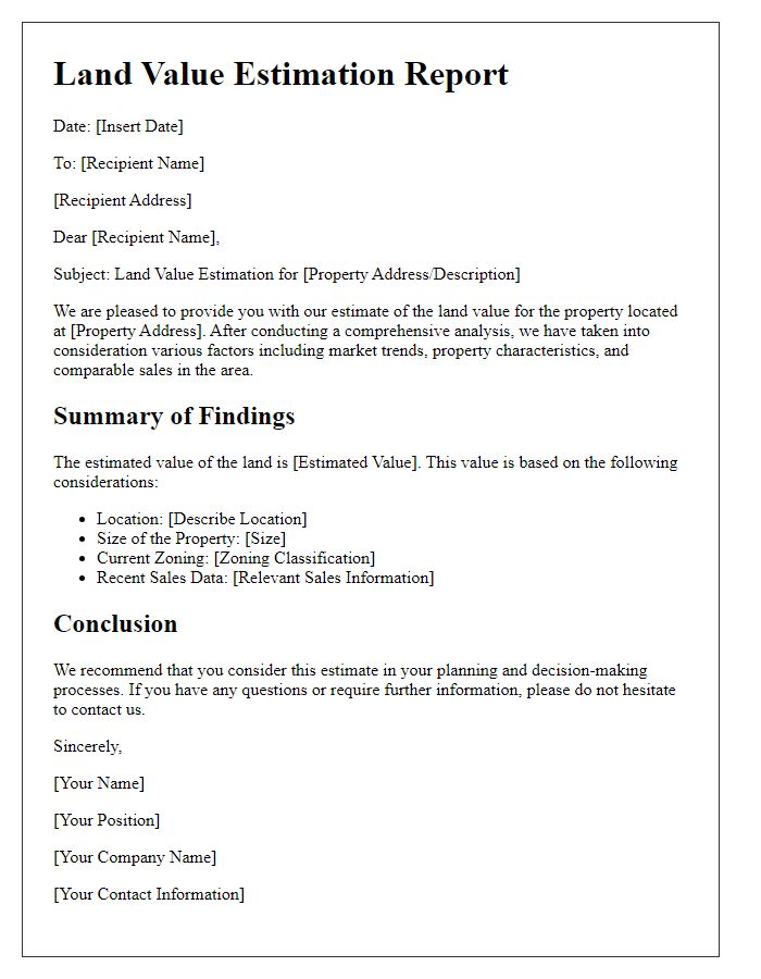 Letter template of land value estimation report