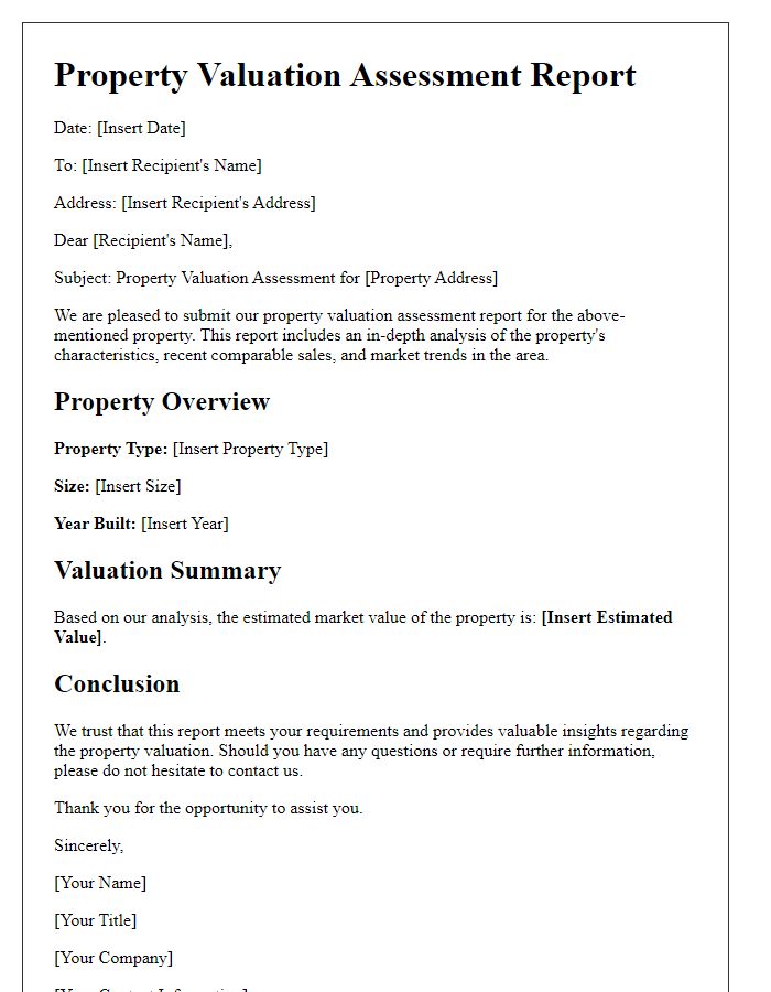 Letter template of property valuation assessment report