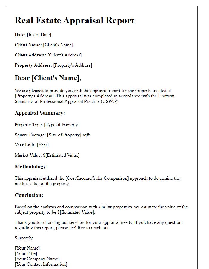 Letter template of real estate appraisal document