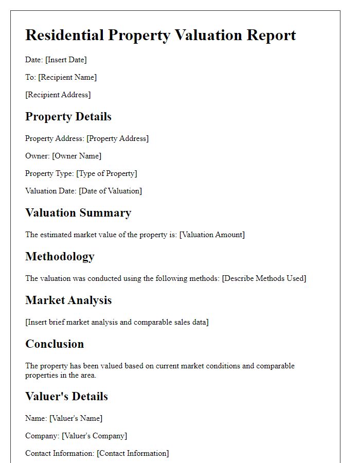 Letter template of residential property valuation report