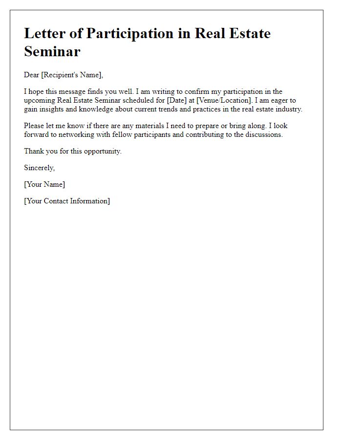 Letter template of participation in upcoming real estate seminar