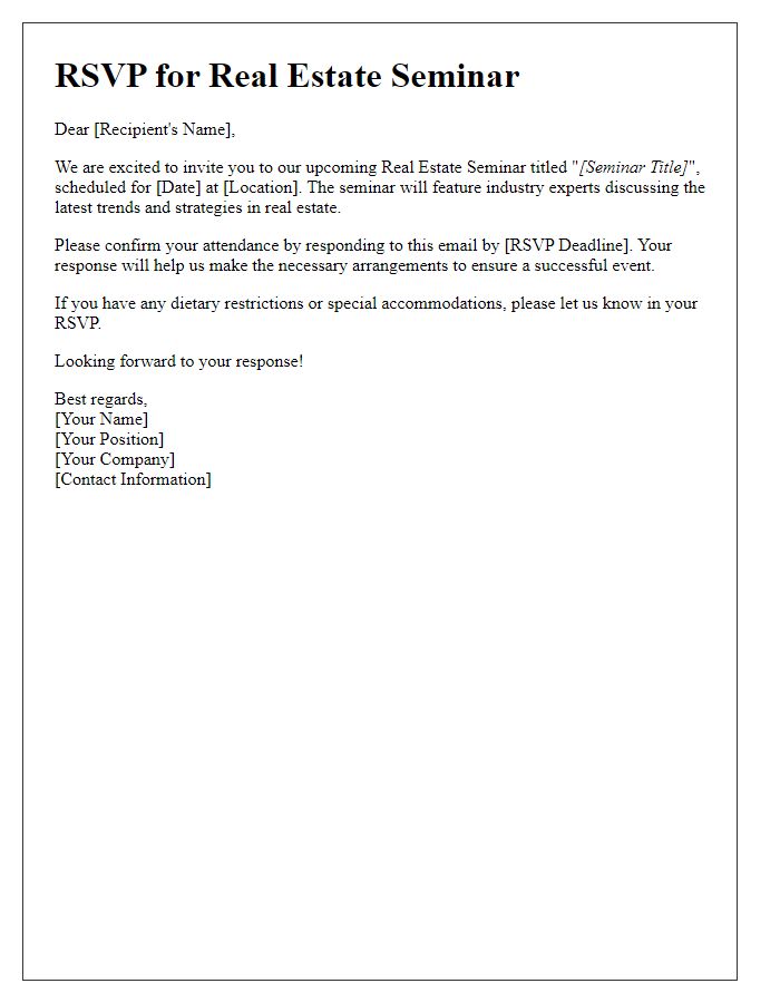 Letter template of RSVP for real estate seminar participation