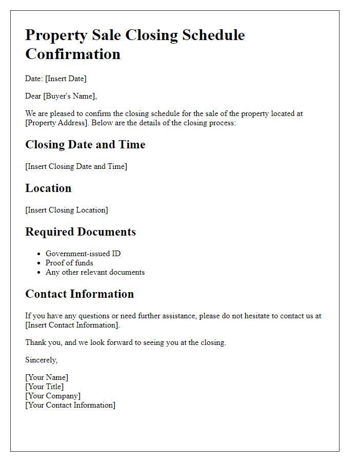 Letter template of property sale closing schedule confirmation for buyer.