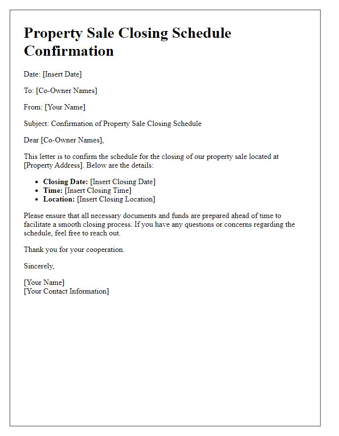 Letter template of property sale closing schedule confirmation for co-owners.