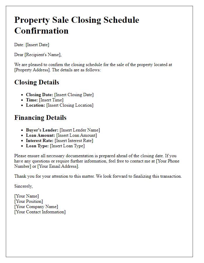 Letter template of property sale closing schedule confirmation with financing details.