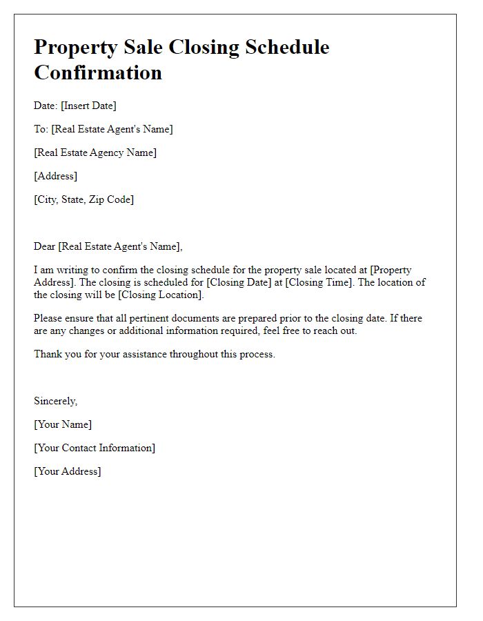 Letter template of property sale closing schedule confirmation for real estate agent.