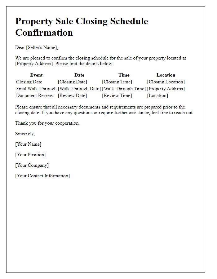 Letter template of property sale closing schedule confirmation for seller.