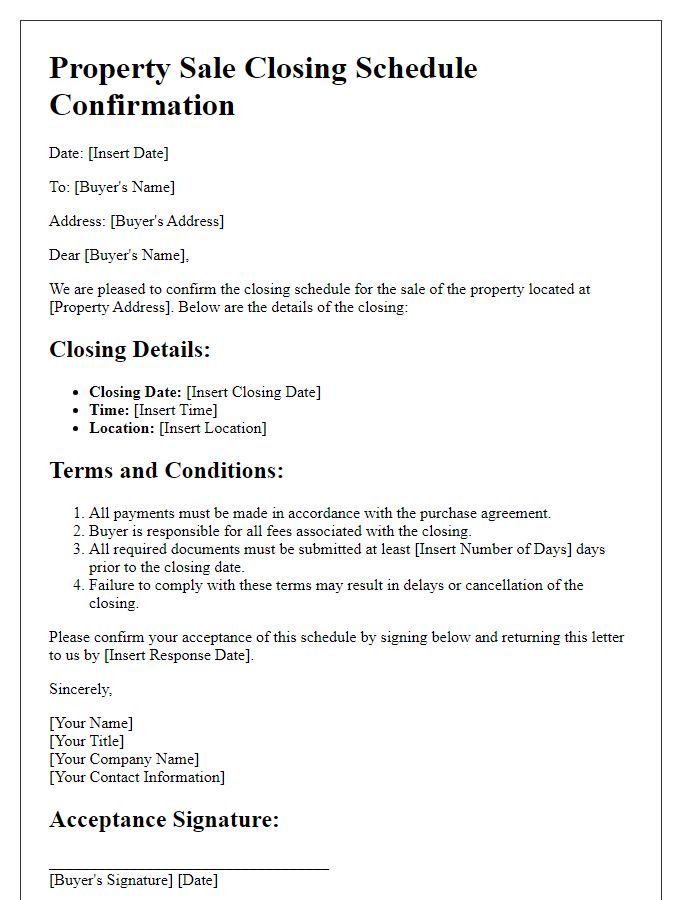 Letter template of property sale closing schedule confirmation with terms and conditions.