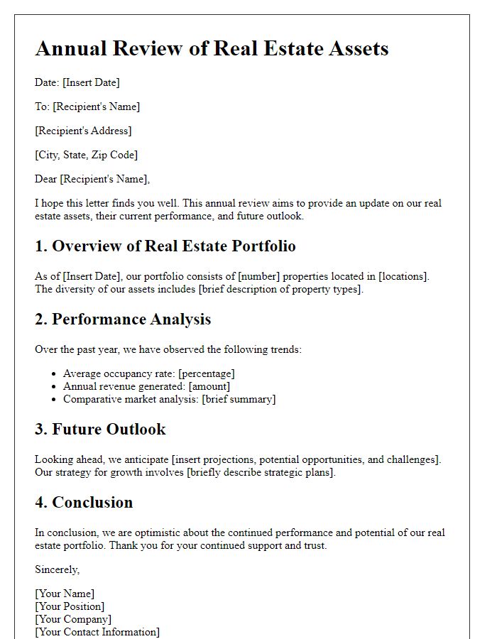 Letter template of annual review of real estate assets