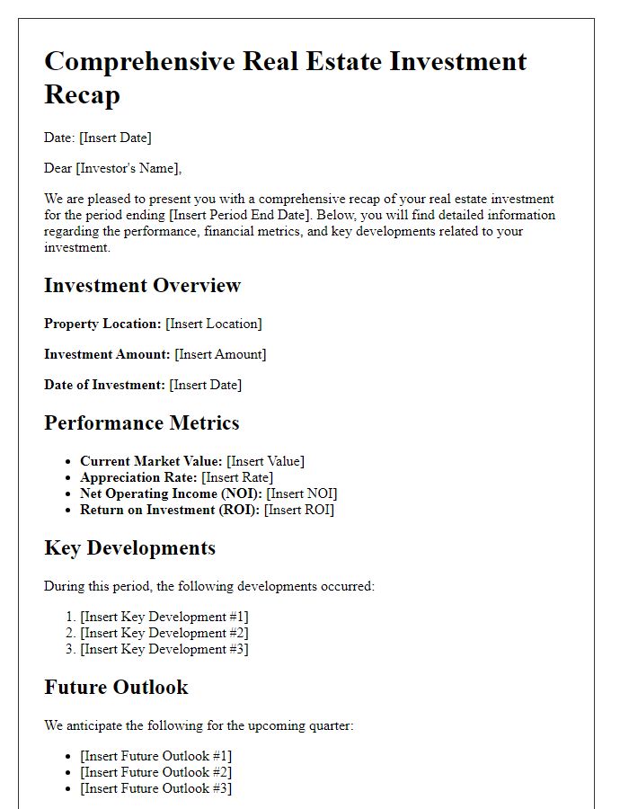 Letter template of comprehensive real estate investment recap