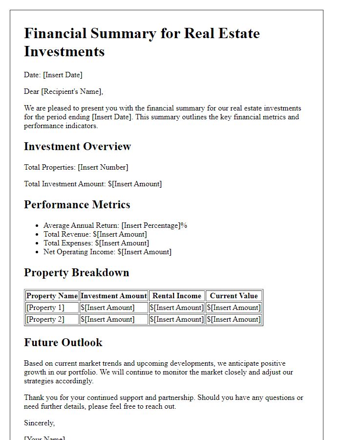 Letter template of financial summary for real estate investments