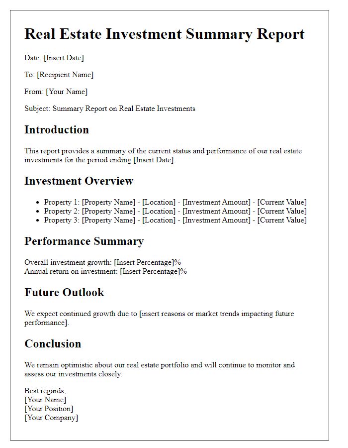 Letter template of summary report for real estate investments