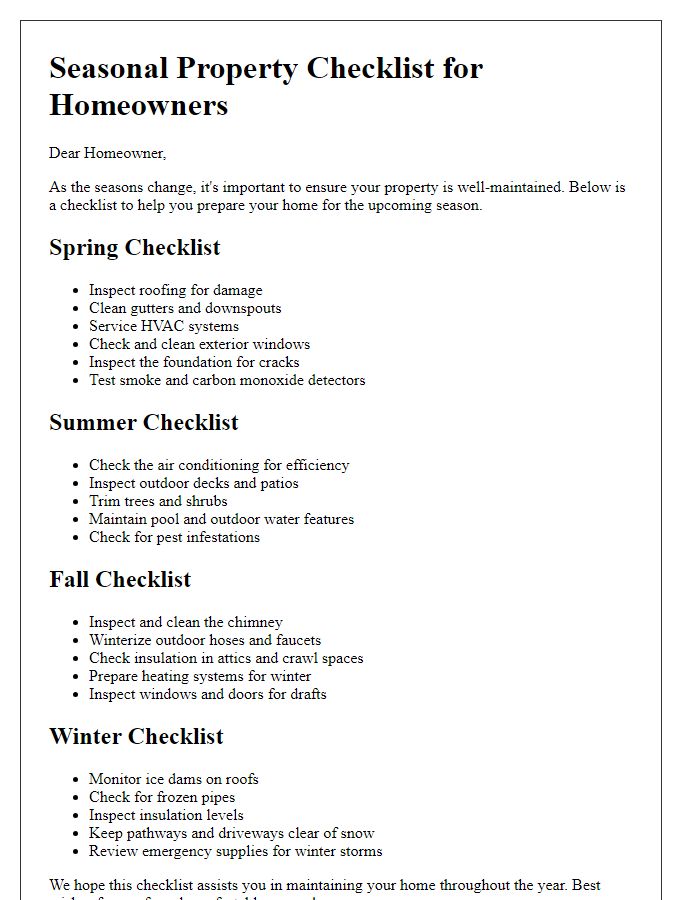 Letter template of changing seasons property checklist for homeowners.