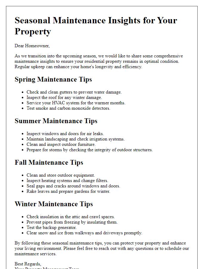 Letter template of comprehensive seasonal maintenance insights for residential properties.