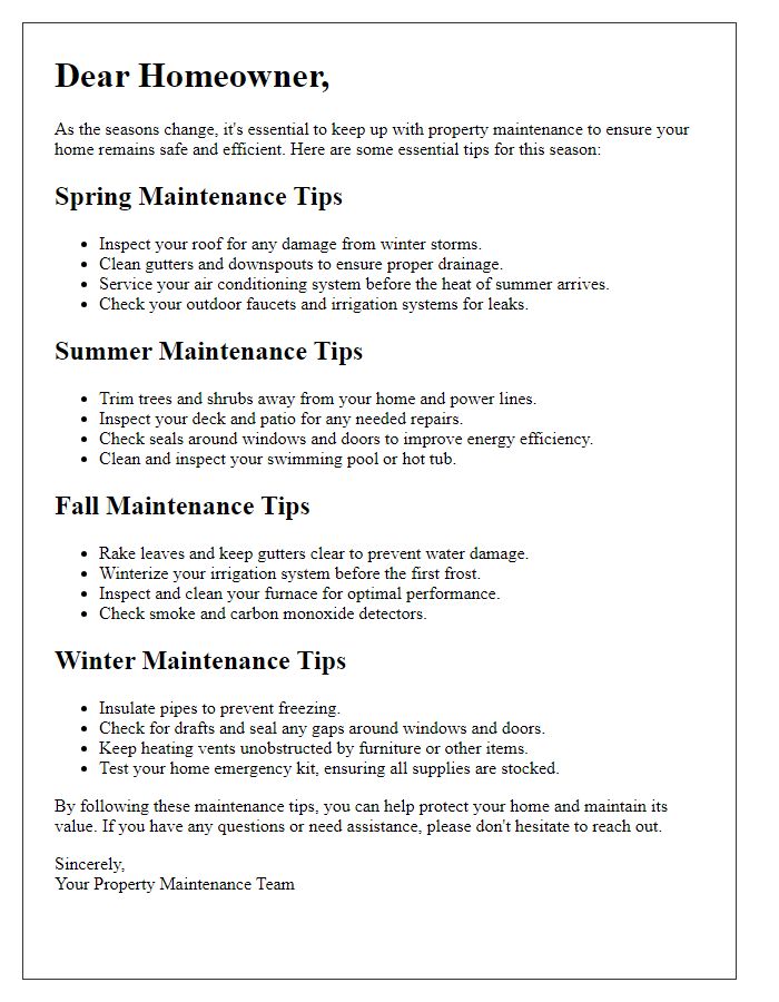 Letter template of essential seasonal property maintenance tips for homeowners.