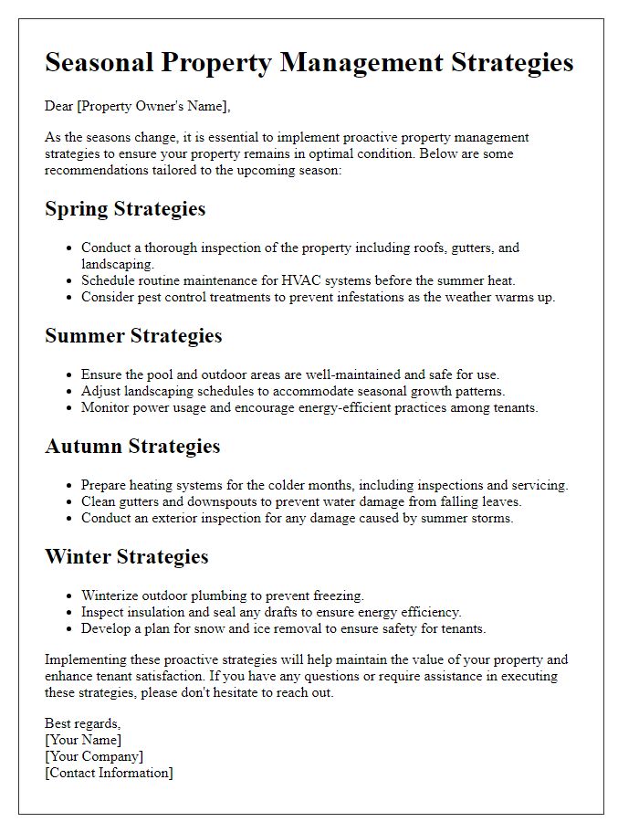 Letter template of proactive seasonal property management strategies.