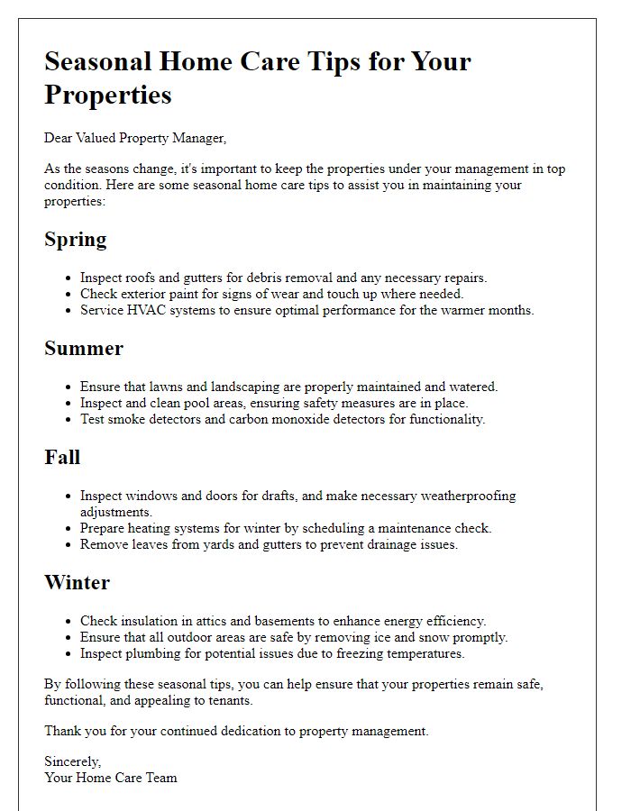 Letter template of seasonal home care tips for property managers.